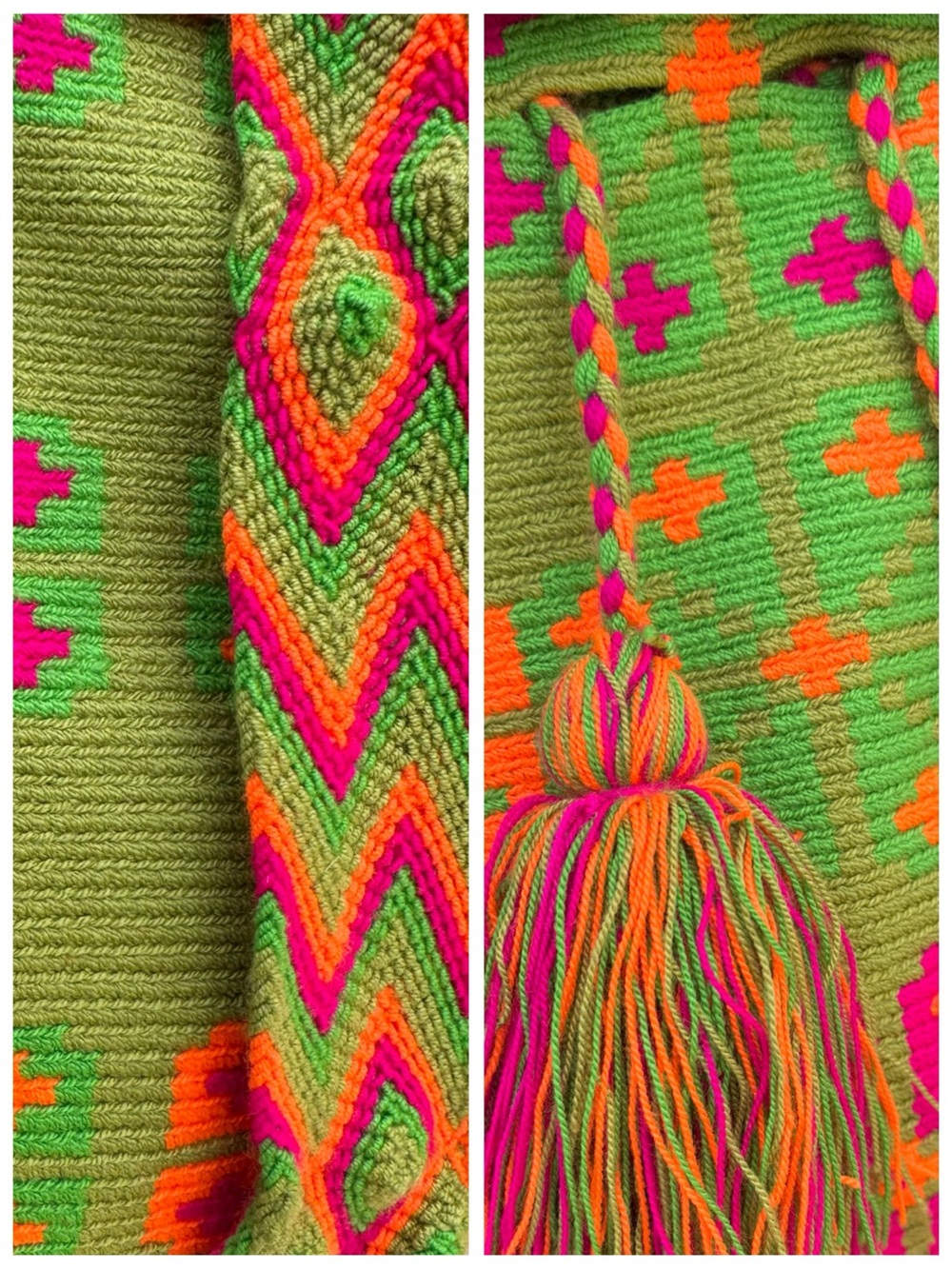 Colombian Wayuu Mochila Crossbody Bag | Green & Neon Pink Knit (Handwoven Boho) - Picture 10 of 17